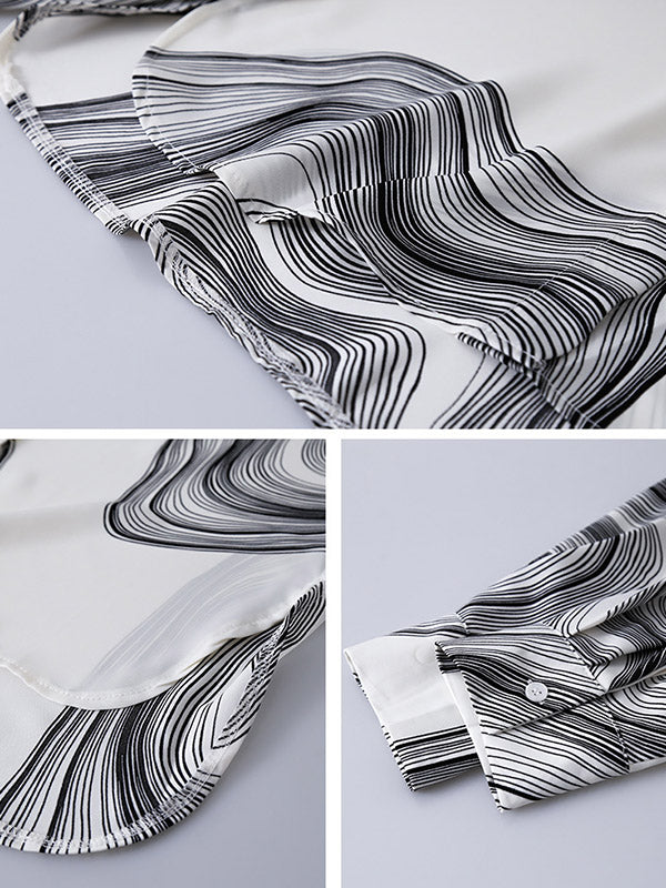 Urban Printed Buttoned Asymmetric Lapel Blouses Tops