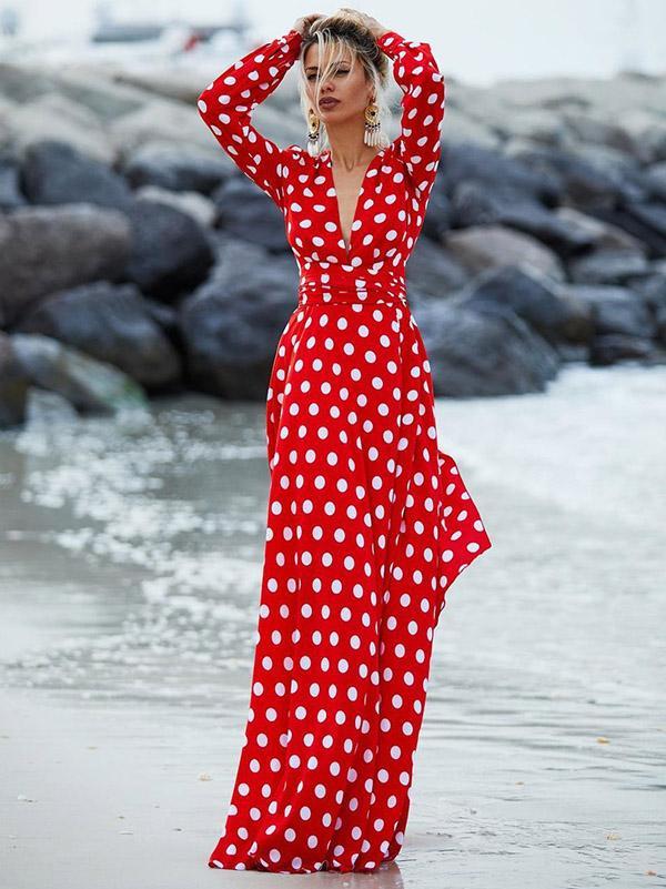 Polka-dot Belted Long Sleeves Maxi Dress