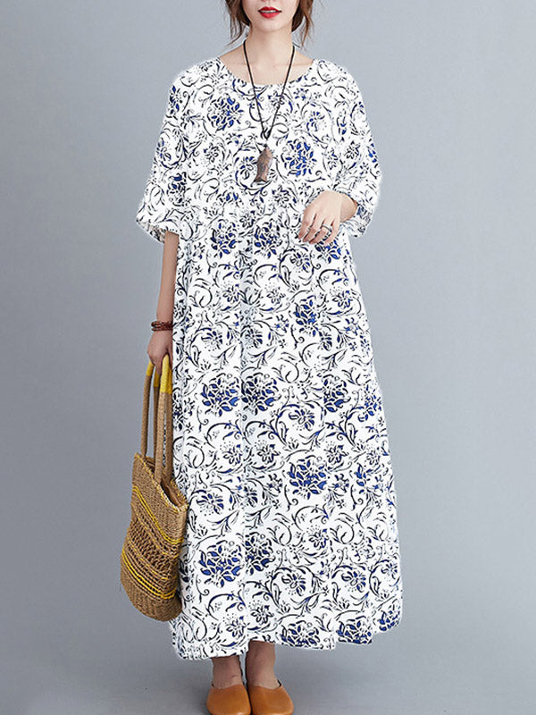 Vintage Floral Round-Neck Dress