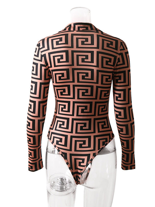 Sexy Long Sleeves Printed V-Neck Bodysuits