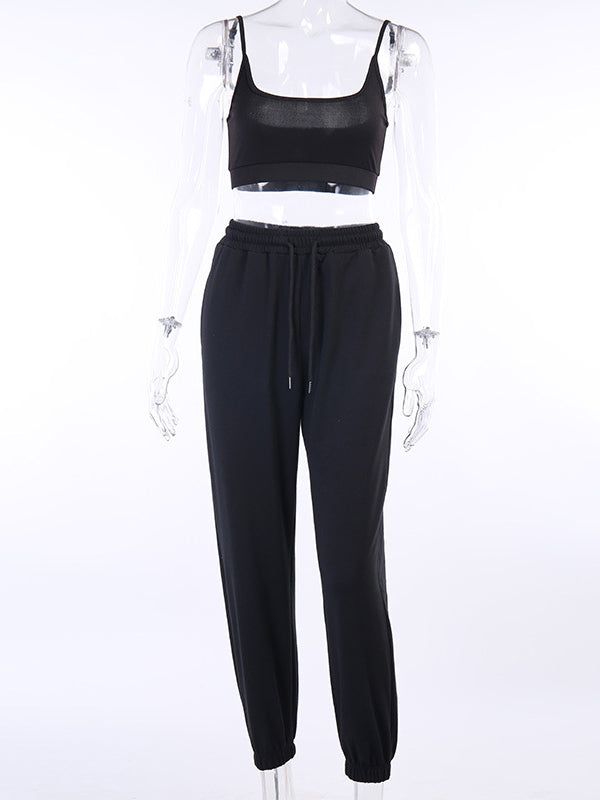 Solid Color Spaghetti-Neck Exposed Navel Tanks&Pants Suits