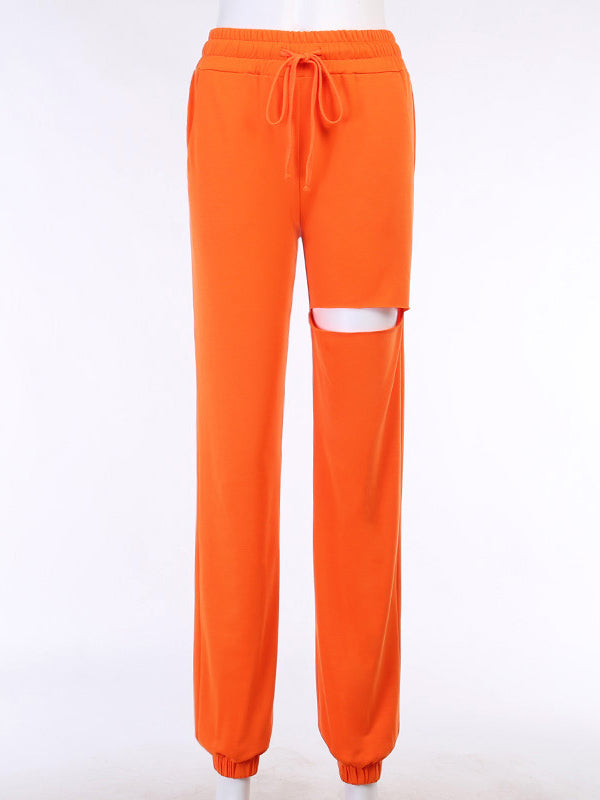 Solid Color Loose Ripped Casual Pants Bottoms