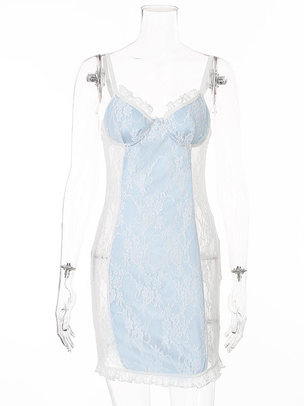 Sexy Lace Split-Joint Ruffled Underwired Mini Dress Nightdress