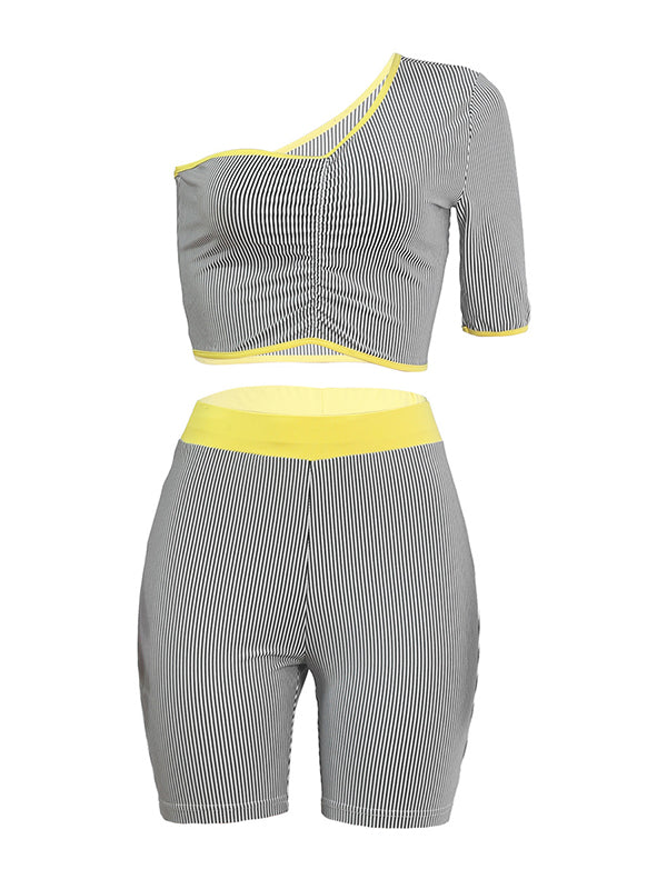 Striped One-Shoulder Exposed Navel Tees&Shorts Suits