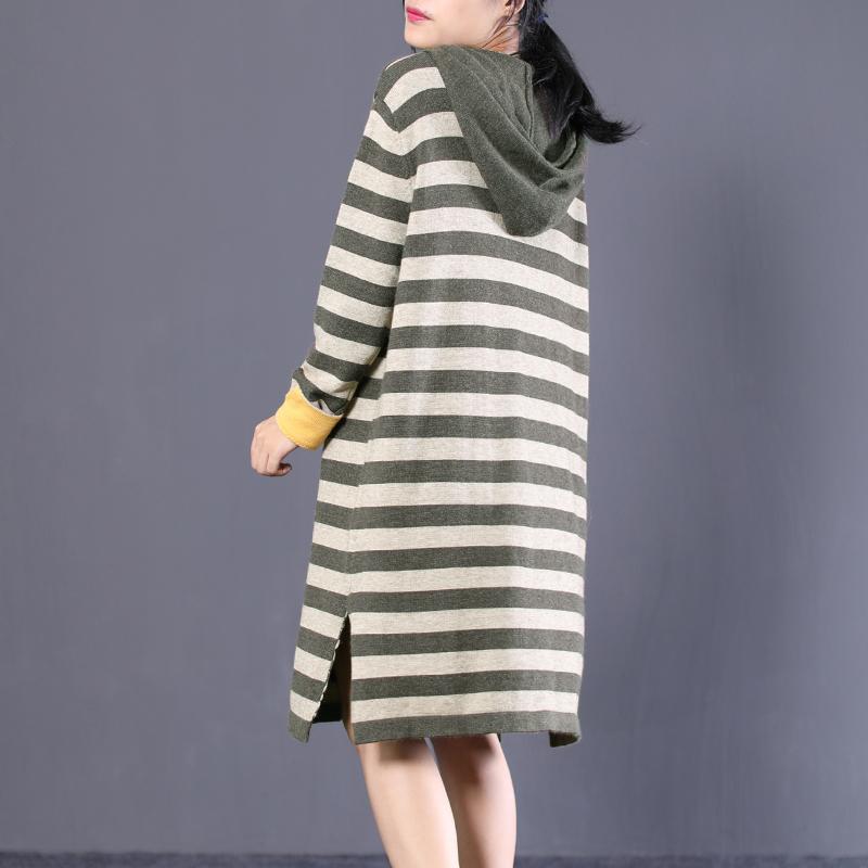 Women Cotton Hooded Striped Black Gray Sweater Dress