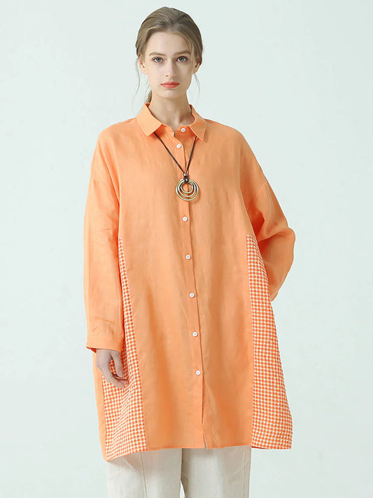Effortless Chic: The Plaid-Patchwork Linen Long Shirt Every Woman Needs