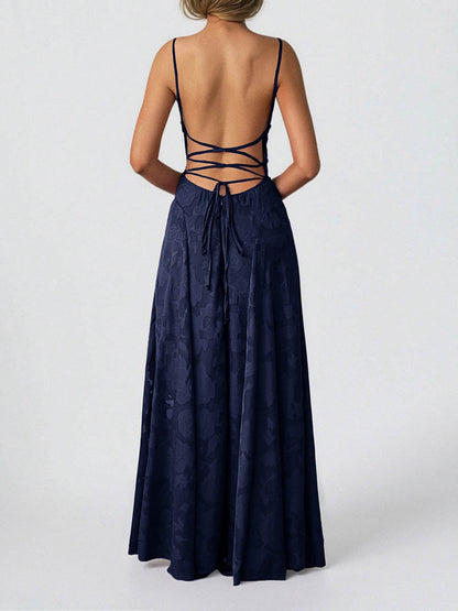 A-Line High Waisted Jacquard Pleated Solid Color Spaghetti-Neck Maxi Dresses