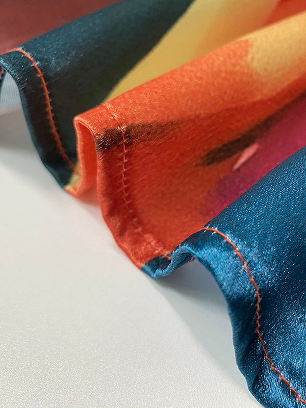 Loose Puff Sleeves Elasticity Flower Print Split-Front Round-Neck Maxi Dresses