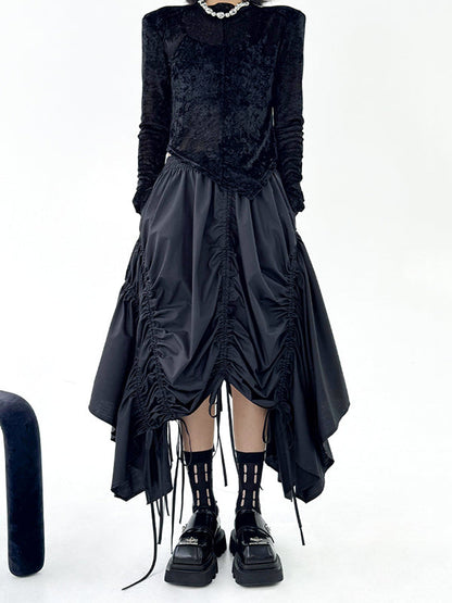 A-Line Elasticated Waist Asymmetric Drawstring Pleated Solid Color Skirts Bottoms