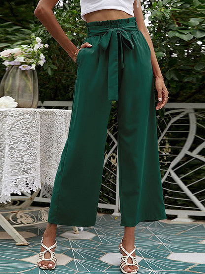 High Waisted Loose Pockets Solid Color Tied Waist Pants Trousers