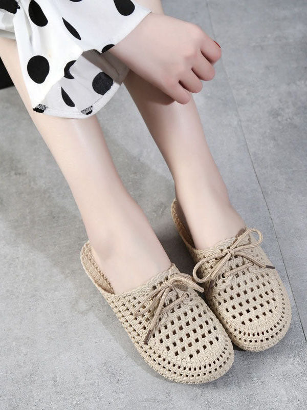Hollow Lace-Up Round-Toe Mules&Slides Slippers