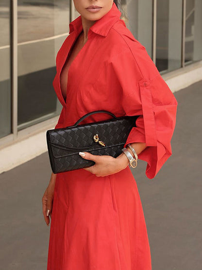 A-Line High Waisted Pleated Solid Color V-Neck Maxi Dresses Shirt Dress