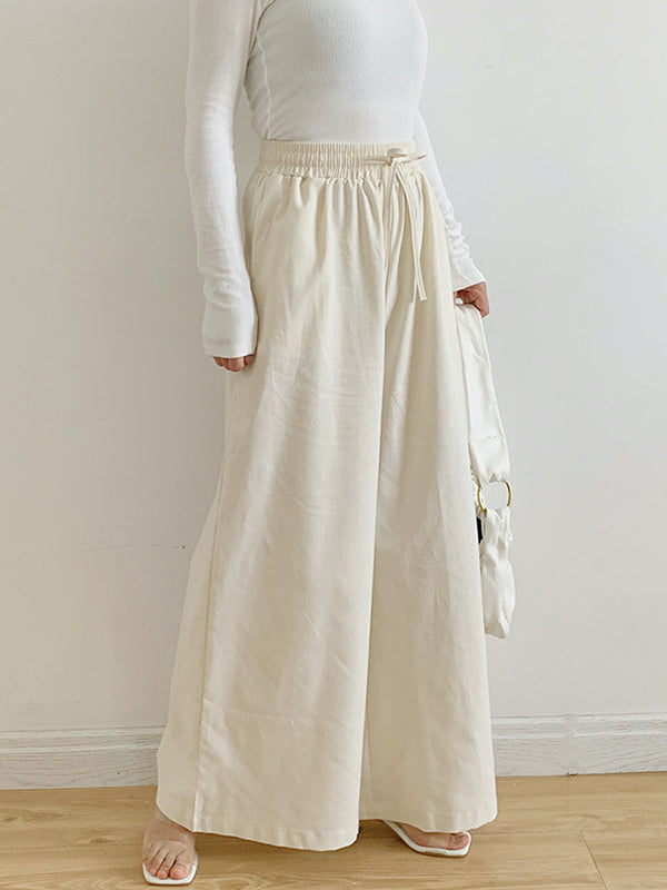 High Waisted Loose Drawstring Elasticity Pockets Solid Color Pants Trousers