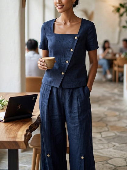 Loose Short Sleeves Buttoned Solid Color Square-Neck Blouses&Shirts Tops