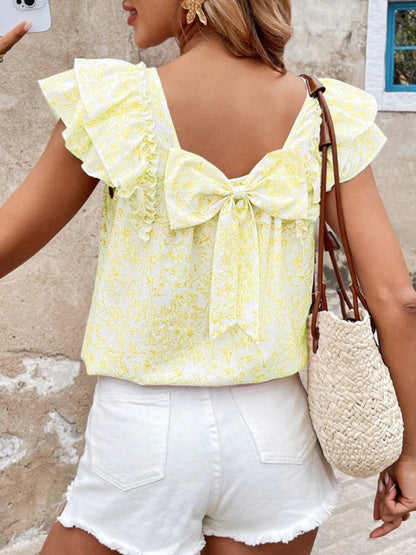 Ruffle Sleeves Short Sleeves Backless Bow-Embellished Flower Print Pleated Square-Neck Blouses&Shirts Tops