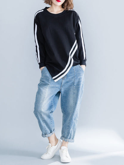 Cropped Long Sleeves Striped Round-Neck Hoodies&Sweatshirt