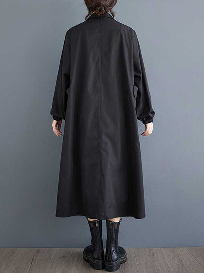 Long Sleeves Loose Buttoned Elasticity Pockets Split-Joint Zipper Lapel Outerwear Trench Coats