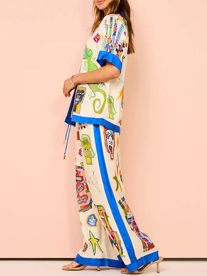 Loose Short Sleeves Asymmetric Printed Split-Joint Lapel Blouses&Shirts Tops