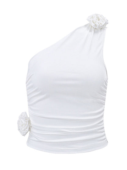 Skinny Sleeveless Asymmetric Pleated Solid Color Three-Dimensional Flower One-Shoulder Vest Top