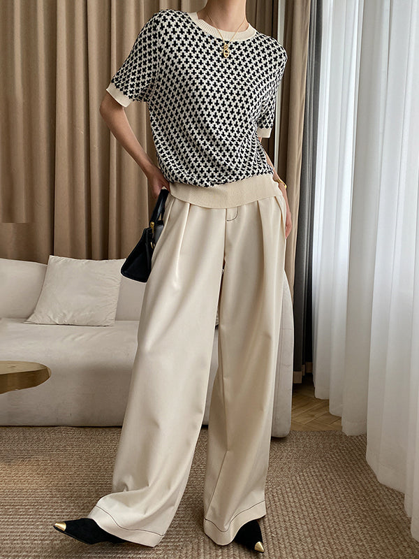 Half Sleeves Houndstooth Round-Neck Sweater Tops