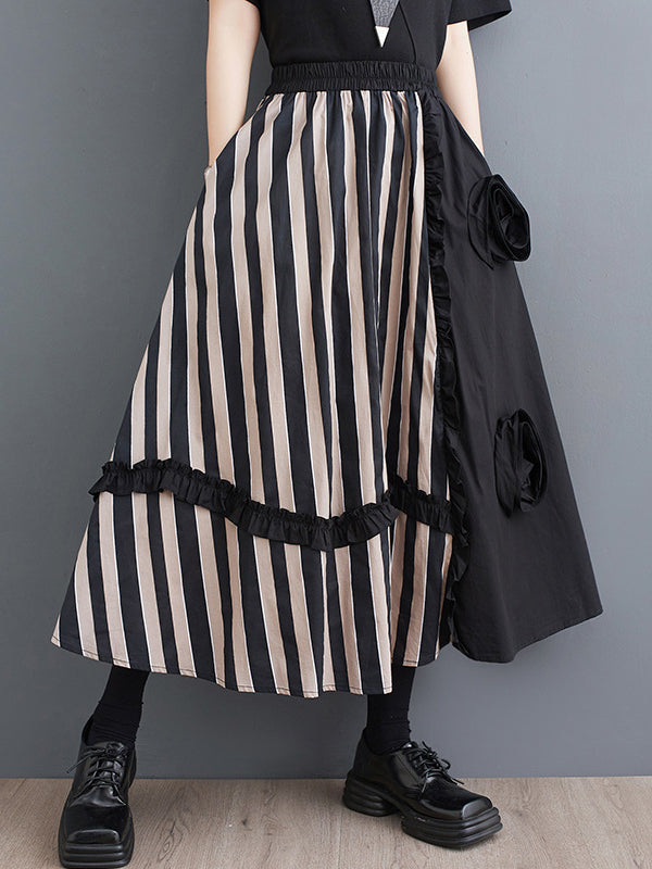 Elastics High Waisted Loose Flower-Embellished Split-Joint Skirts Bottoms