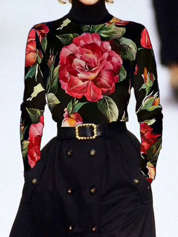 Long Sleeves Floral Printed Split-Joint High Neck T-Shirts