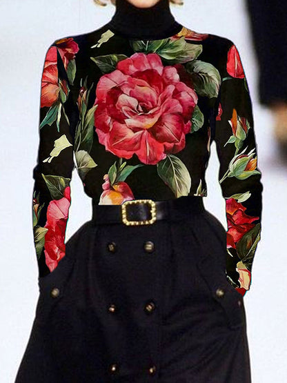 Long Sleeves Floral Printed Split-Joint High Neck T-Shirts