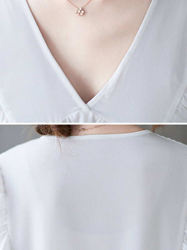 Loose Ruffle Sleeves Ruffled Solid Color Peter Pan Collar Blouses&Shirts Tops