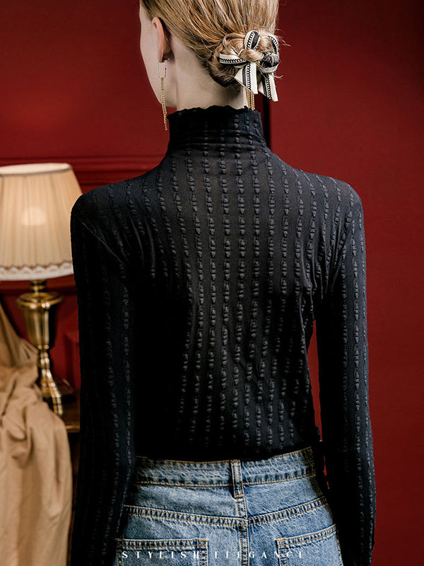 Long Sleeves Plus Size Jacquard See-Through Solid Color Split-Joint High Neck T-Shirts Tops