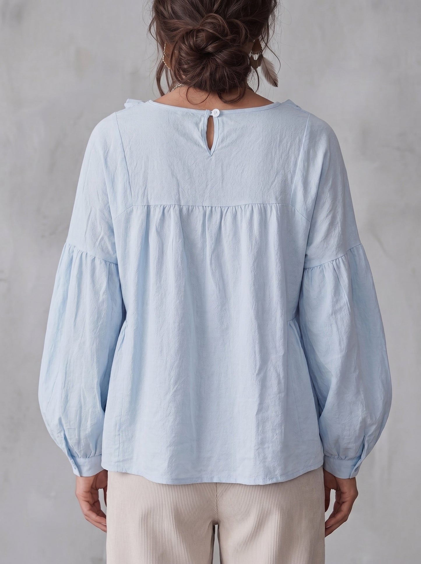 Long Sleeves Loose Pleated Ruffle Trim Solid Color Split-Joint Deep V-Neck Blouses&Shirts Tops