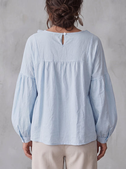 Long Sleeves Loose Pleated Ruffle Trim Solid Color Split-Joint Deep V-Neck Blouses&Shirts Tops