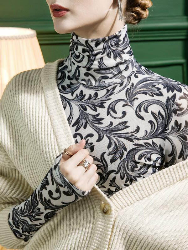 Long Sleeves Skinny Contrast Color Split-Joint High Neck T-Shirts Tops