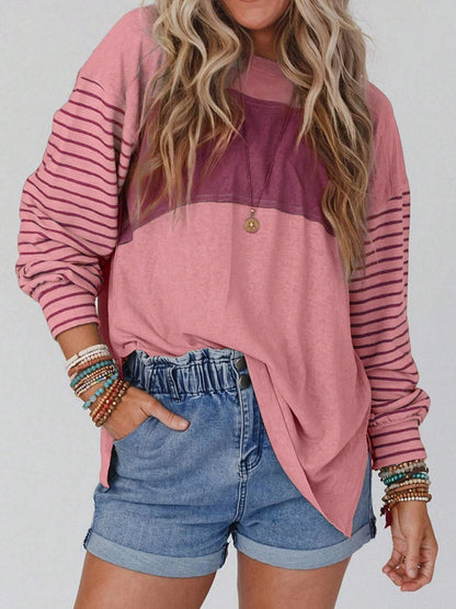 Long Sleeves Loose Contrast Color Split-Joint Striped Round-Neck Blouses&Shirts Tops