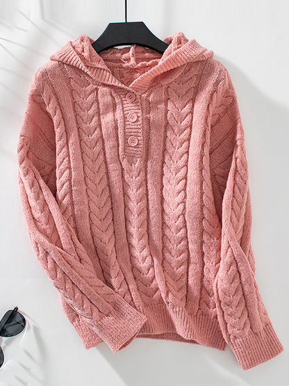 Hooded Long Sleeves Buttoned Solid Color Split-Joint Sweater Tops