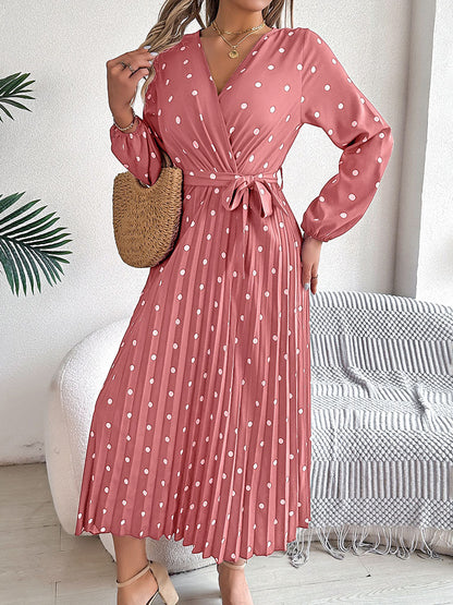 High Waisted Long Sleeves Pleated Polka Dot Tied Waist V-Neck Maxi Dresses Shirt Dress