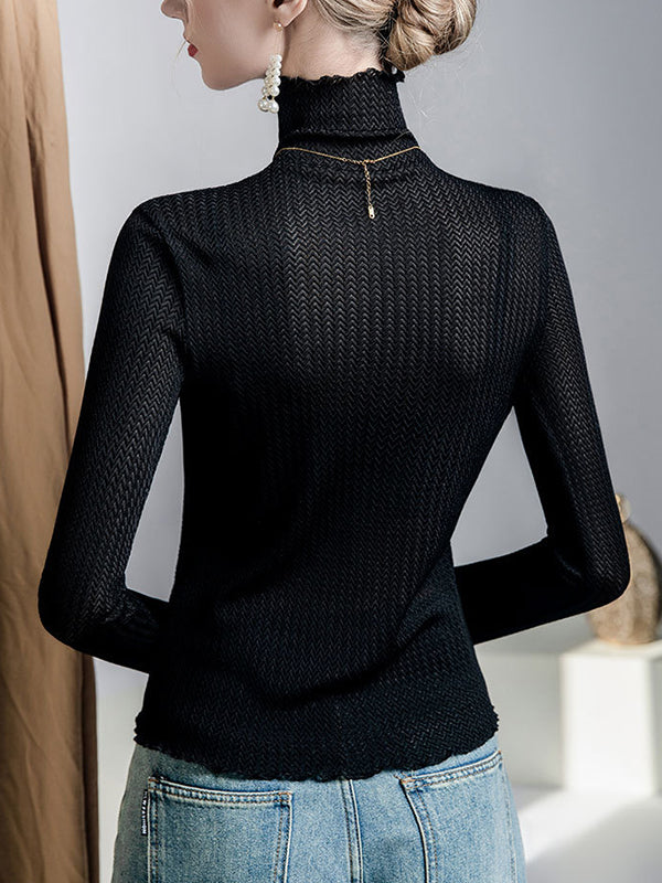 Long Sleeves Plus Size Mesh See-Through Slightly Sheer Split-Joint High Neck T-Shirts