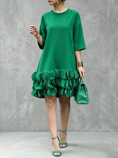 A-Line Loose Solid Color Split-Joint Three-Dimensional Flower Round-Neck Midi Dresses-1