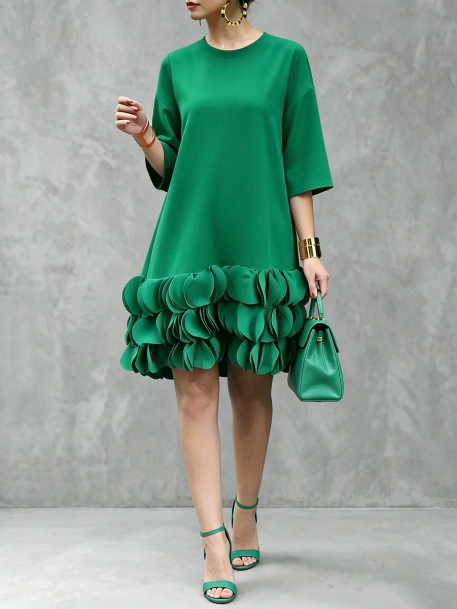 A-Line Loose Solid Color Split-Joint Three-Dimensional Flower Round-Neck Mini Dresses
