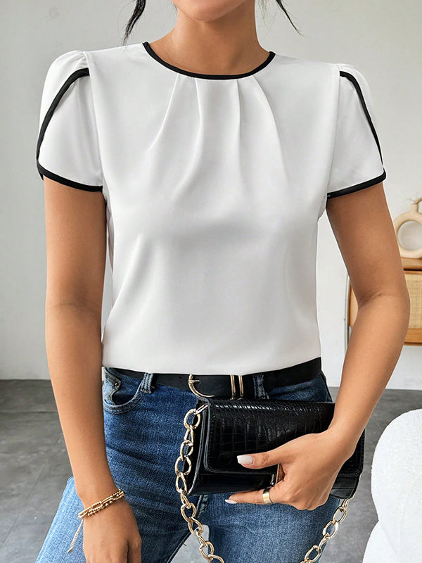 Loose Short Sleeves Hollow Pleated Round-Neck Blouses&Shirts Tops