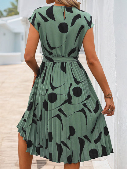 High Waisted Sleeveless Abstract Printed Contrast Color Pleated Polka-Dot Split-Joint Tied Waist Round-Neck Midi Dresses