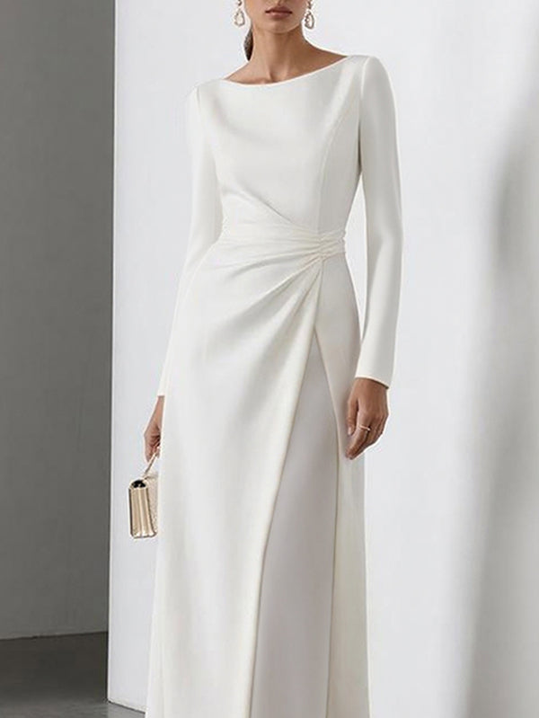 High Waisted Long Sleeves Gauze Pleated Solid Color Split-Joint Round-Neck Maxi Dresses