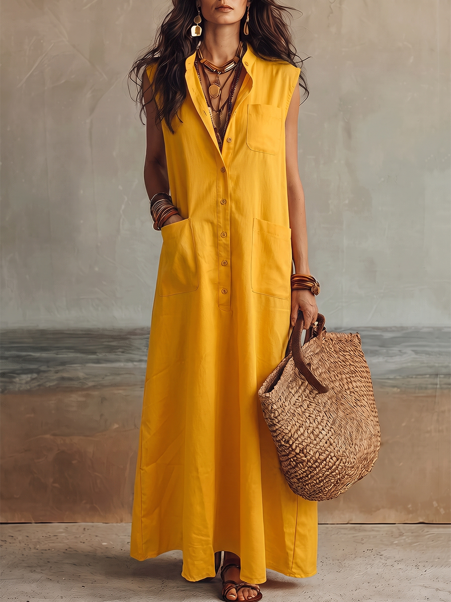 Loose Sleeveless Buttoned Pockets Solid Color Lapel Maxi Dresses