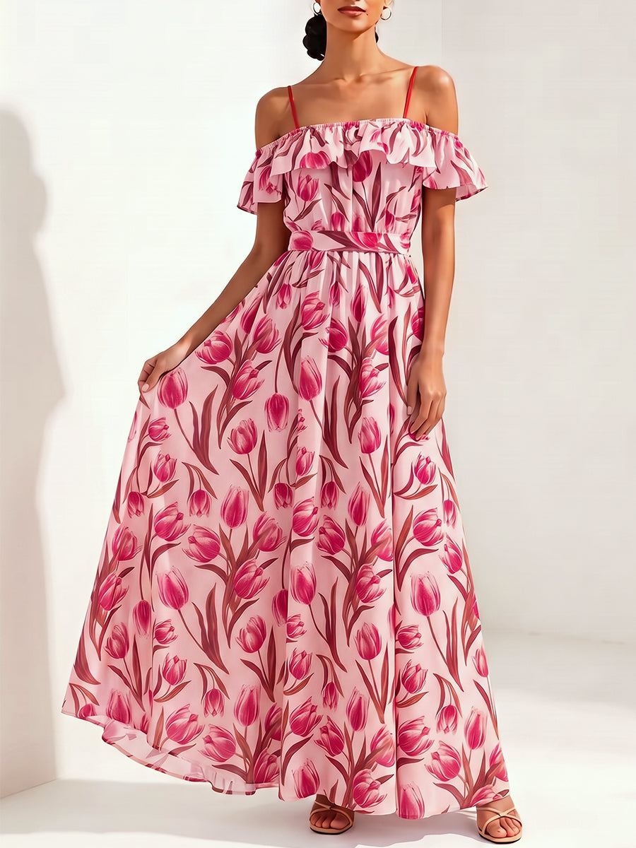 Tied Waist Ruffle Trim Flower Print Elasticity Contrast Color Short Sleeves Loose Off-the-shoulder Maxi Dresses