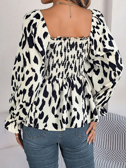 Long Sleeves Puff Sleeves Leopard Pleated Ruffled Square-Neck T-Shirts Tops