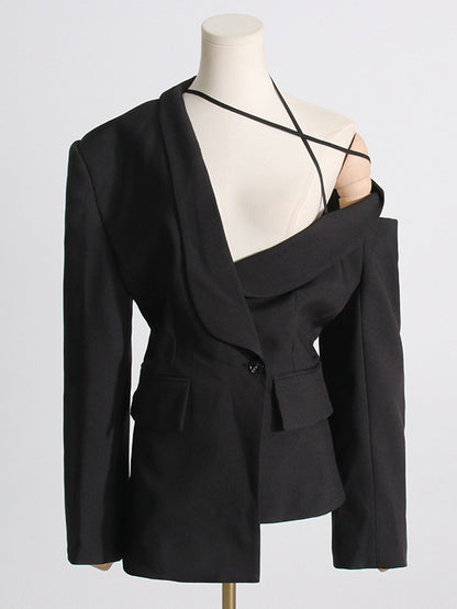 Long Sleeves Loose Asymmetric Buttoned Hollow Solid Color Tied Asymmetric Collar Blazer