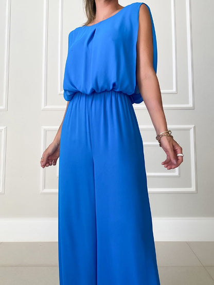 High-Low Wide Leg Backless Hollow Solid Color Round-Neck Jumpsuits Bottoms