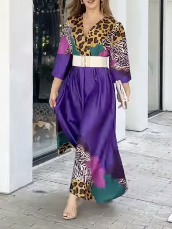 Long Sleeves Loose Leopard V-Neck Maxi Dresses