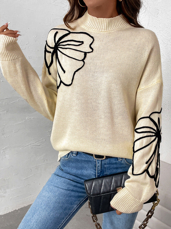 Long Sleeves Loose Flower Shape Split-Joint High Neck Sweater Tops