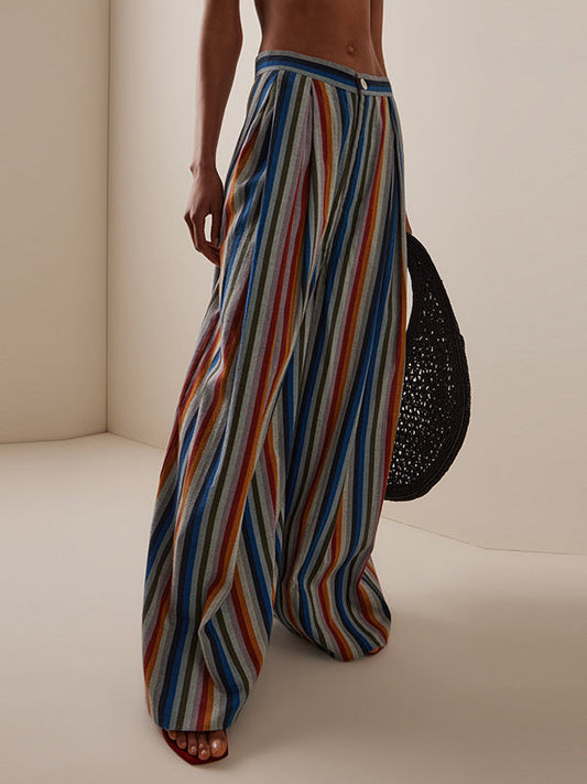 Loose Wide Leg Pleated Split-Joint Striped Pants Trousers