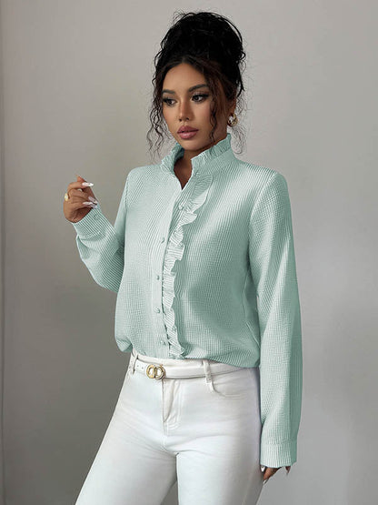 Long Sleeves Skinny Buttoned Ruffled Split-Joint Striped Stand Collar Blouses&Shirts Tops